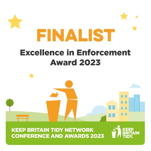 Text reads Finalist Excellence in Enforcement Award 2023. Keep Britain Tidy Network Conference and Awards 2023. Graphic of person binning litter in a park.
