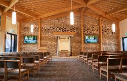 Internal view of seating and front of chapel in the new Hemel Hempstead Crematorium