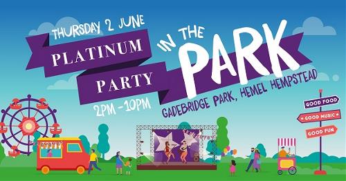 Poster advertising the Platinum Party in the Park in Gadebridge Park on Thursday 2 June 2022 between 2pm and 10pm