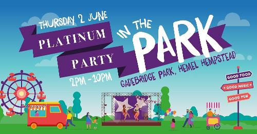Festival image with food van ferris wheel and stage performers to promote the Platinum Party in the Park in Gadebridge Park between 2pm and 10pm on Thursday 2 June