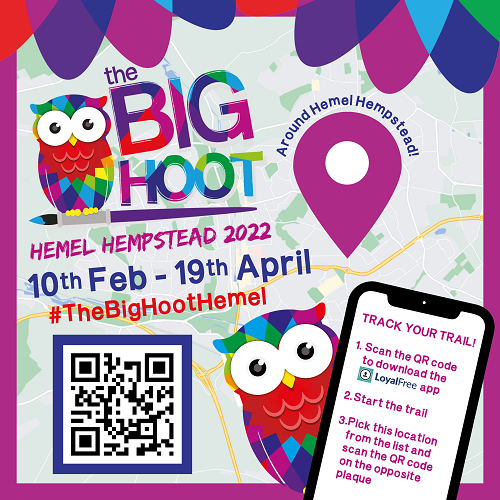 Promotional image with QR code for the Big Hoot art trail in Hemel Hempstead between 10 February and 19 April 2022