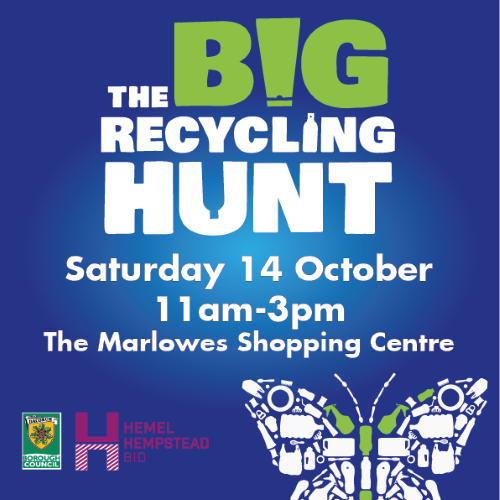 Poster advertising The Big Recycling Hunt. Saturday 14 October 11am to 3pm in The Marlowes Shopping Centre. Feature a graphic of a butterfly made out of waste and recycling materials.