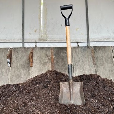 Spade in a large pile of peat-free compost