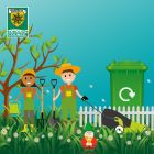 Two cartoon people stand in garden with lawn mower and garden waste bin.
