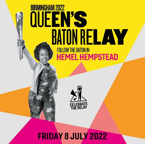 Poster to promote the Birmingham 2022 Commonwealth Games Baton Relay coming to Hemel Hempstead